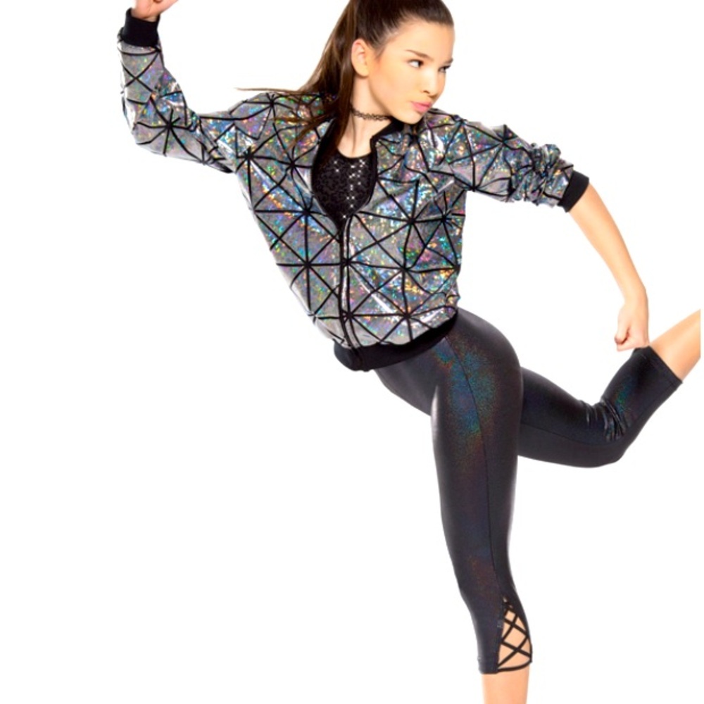 Revolution Holographic Silver Geometric Dance Jacket and Black Shimmer Leggings
